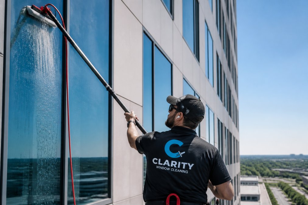 Professional window cleaning technician on water-fed pole system cleaning exterior windows of tall commercial office building during daytime with clear sky