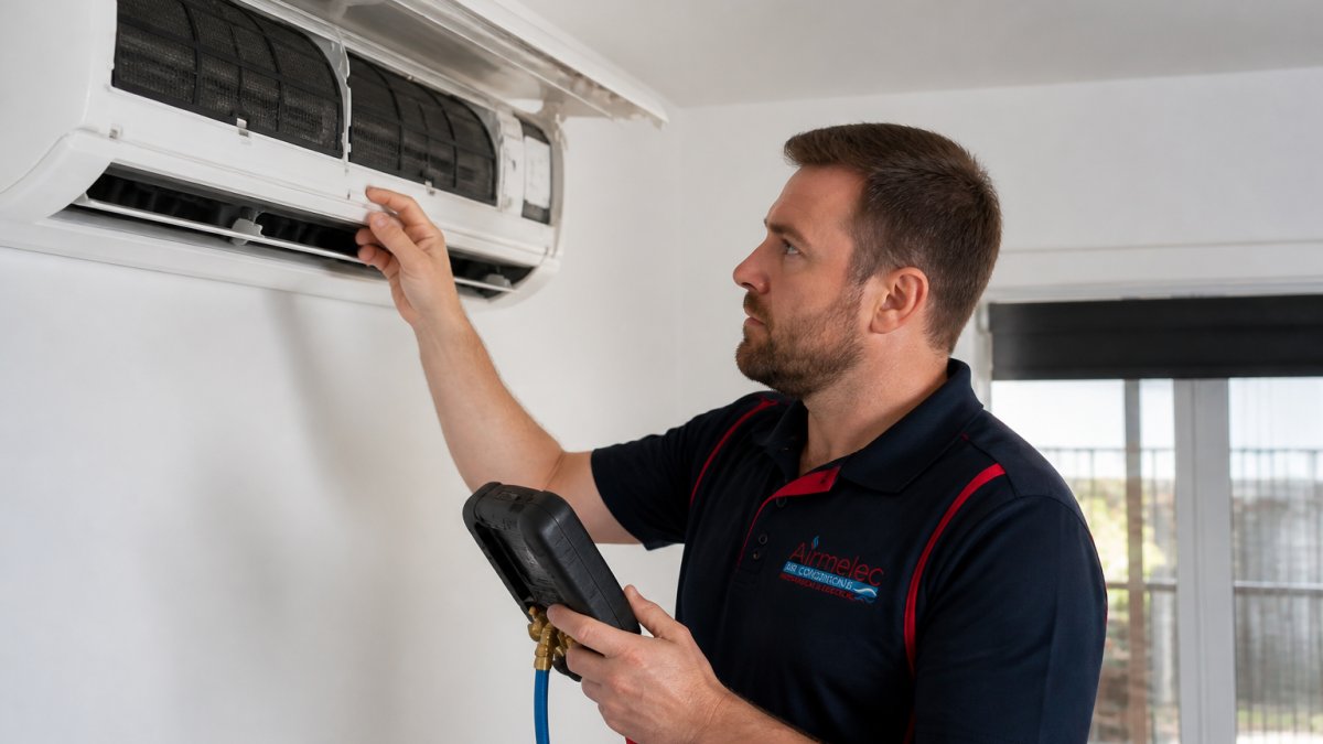 Professional air conditioning technician in uniform examining an indoor split-system unit while holding diagnostic equipment, with credentials visible on work shirt