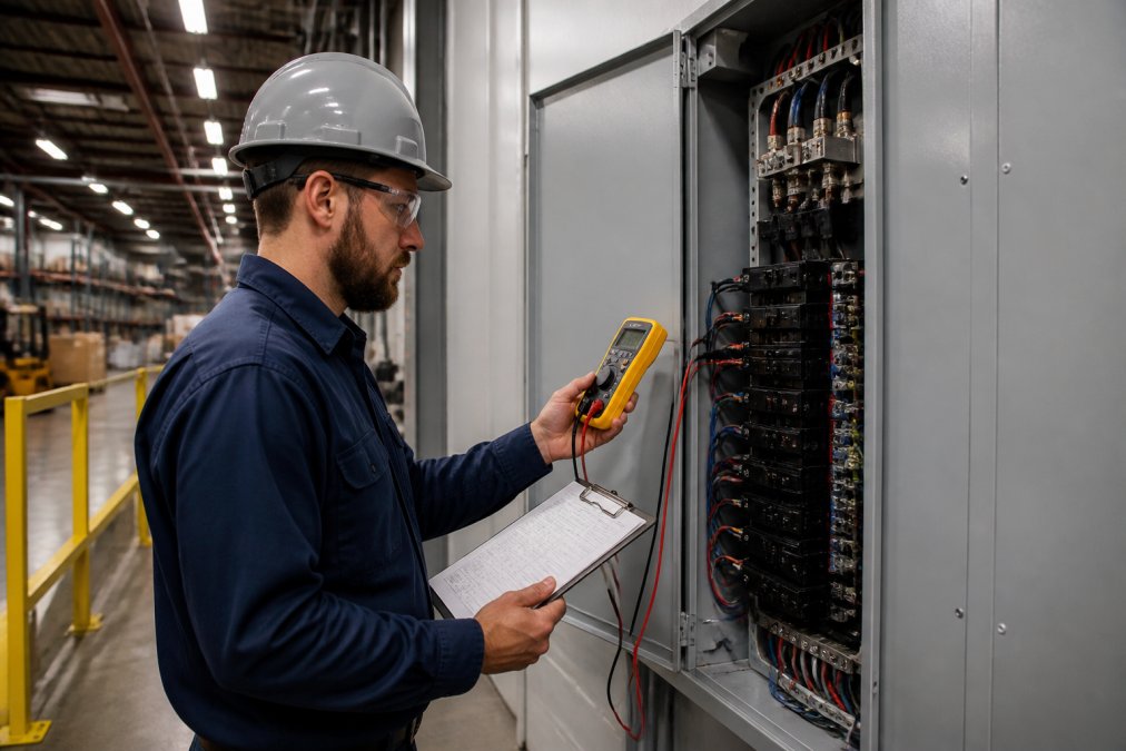 Professional electrician performing safety inspection on commercial electrical panel using digital testing equipment, with clipboard documenting findings in a modern warehouse facility under fluorescent lighting
