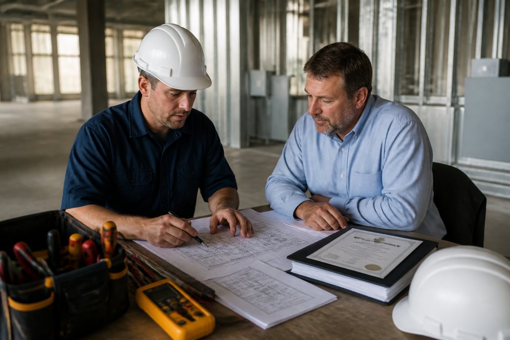 Licensed electrician in uniform reviewing electrical blueprints and safety compliance documentation with a business owner in a commercial facility, with licensing credentials visible on desk