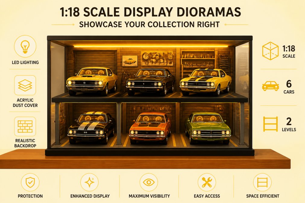 A lit diorama display case on a collector's wooden shelf containing multiple 1:18 scale muscle car models, with warm amber LED lighting illuminating the interior details and dashboard gauges of each model against a garage scene backdrop