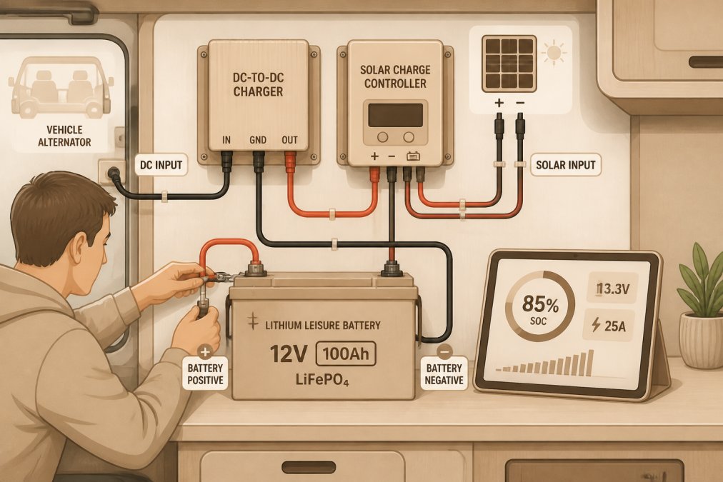 A person connecting a DC-to-DC charger and solar charge controller to a lithium leisure battery inside a motorhome, with labelled cables and a tablet on the workbench showing battery state of charge on a monitoring app