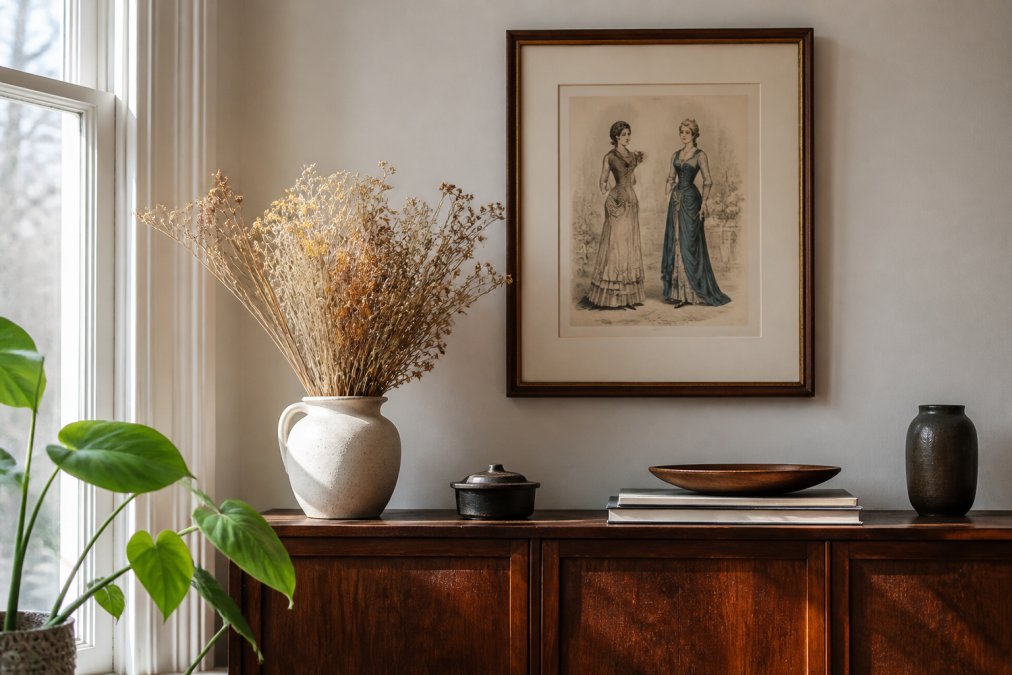A framed hand-coloured fashion plate from the 1880s hanging above a walnut sideboard, styled with a ceramic vase of dried flowers and stacked art books in a sunlit living room