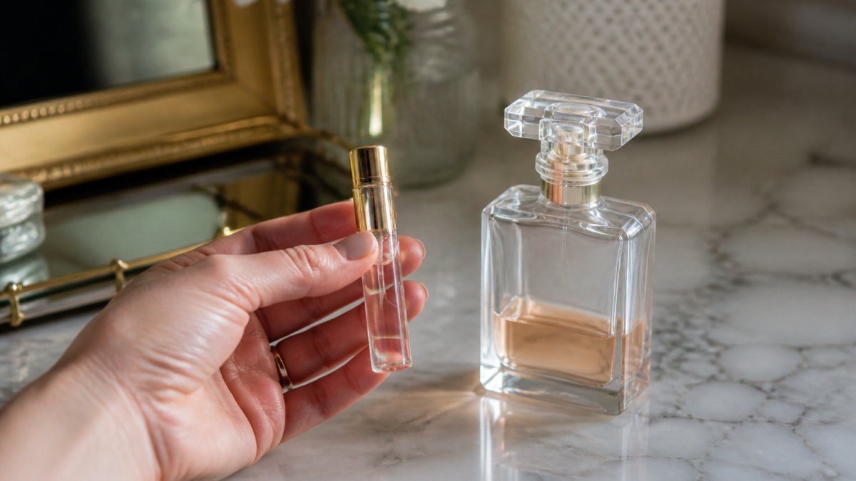 A close-up of a hand holding a small 5ml glass perfume atomiser with a gold cap, next to a full-sized perfume bottle on a marble vanity, soft natural light