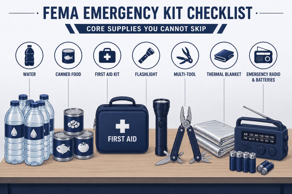 Emergency supplies neatly organized on a table including water bottles, canned food, first aid kit, flashlight, multi-tool, thermal blanket, and emergency radio with batteries clearly visible in natural lighting