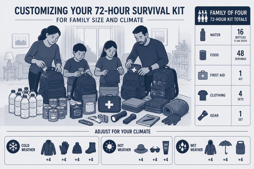 Family of four in home living room reviewing and packing survival supplies into multiple backpacks, with water bottles, food containers, first aid kit, and clothing items spread across a table, natural afternoon lighting through windows