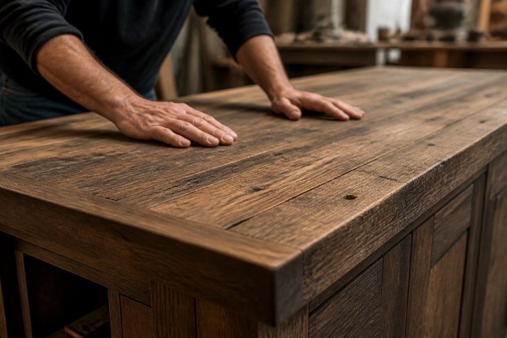 Close-up of hands running along the surface of a hand-crafted reclaimed barnwood kitchen island top, showing weathered wood grain, patina, and a hardwood face frame in a bright workshop