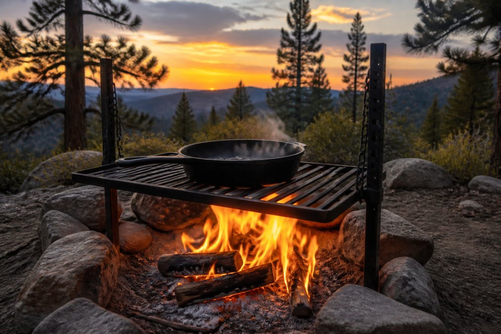 The ANVIL campfire grill set up over a crackling fire in a forest clearing at dusk, a cast iron pan resting on the heavy carbon steel grate with flames visible below