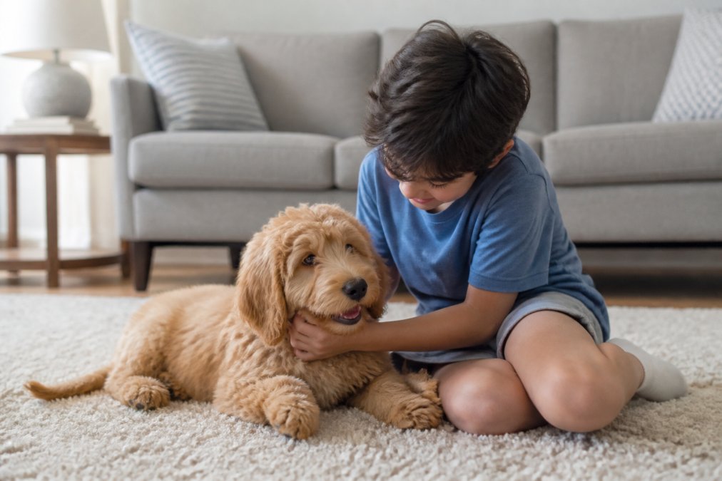 Young Goldendoodle puppy playing gently with a child in a bright living room, both sitting on a cream-colored rug, showing calm interaction and family environment