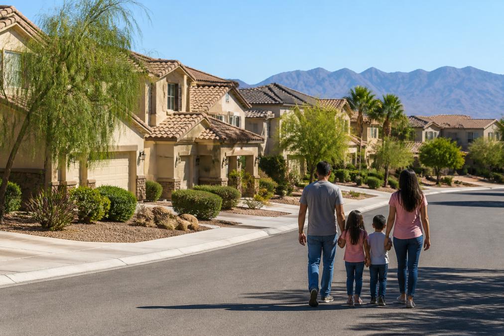 A family walking through a sunny Henderson neighborhood while you buy a home in this desert mountain community.