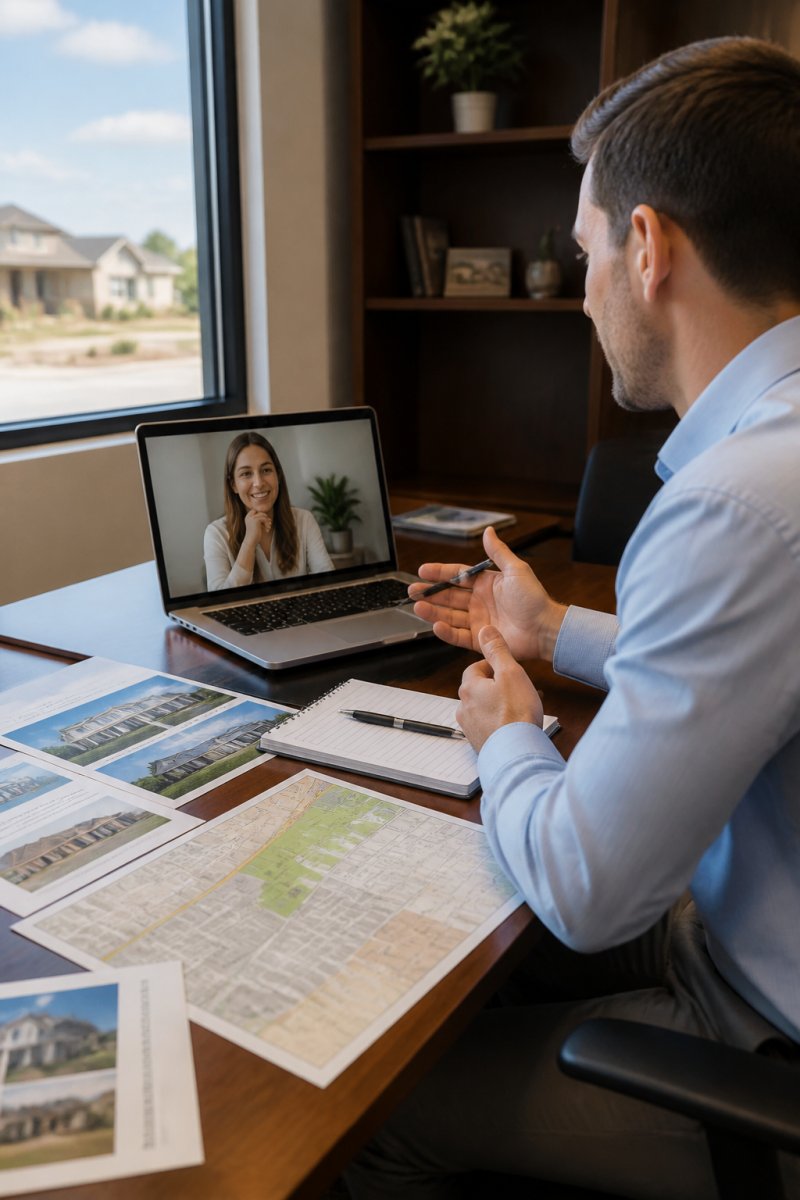 Real estate agent conducting video call with remote client on laptop, with property listing documents and neighborhood maps visible on desk, professional office setting with natural lighting