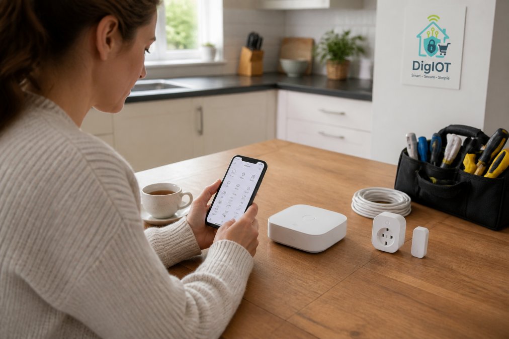 A homeowner sitting at a kitchen table with a smartphone showing a smart home app, a small white hub on the table beside a cup of tea, and a smart plug and sensor nearby