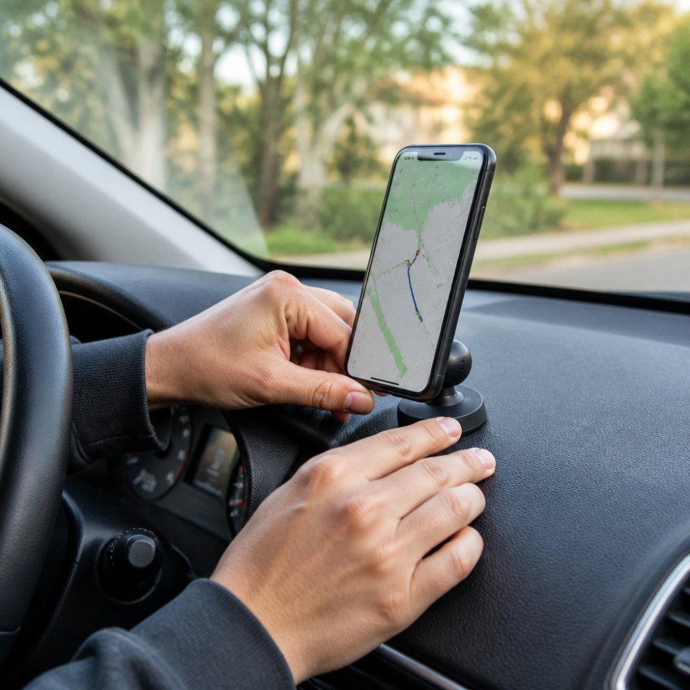 Step-by-step guide for installing a magnetic car phone mount on a textured dashboard surface