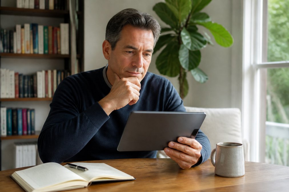 Focused professional reviewing neuroscience-based coaching materials on a tablet at a bright home office desk.
