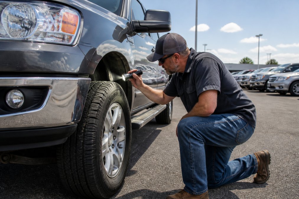 Mechanic using a flashlight to inspect the tire of a pre-owned truck at a dealership lot