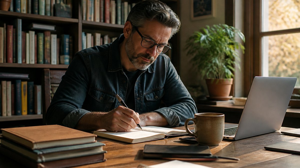 Author working on a manuscript at a sunny desk using private AI writing tools to refine their latest draft.