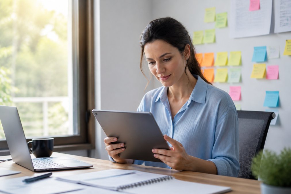 A professional woman in a modern office reviewing a structured project plan on a tablet, with colour-coded sticky notes on a nearby wall and soft natural light from a window