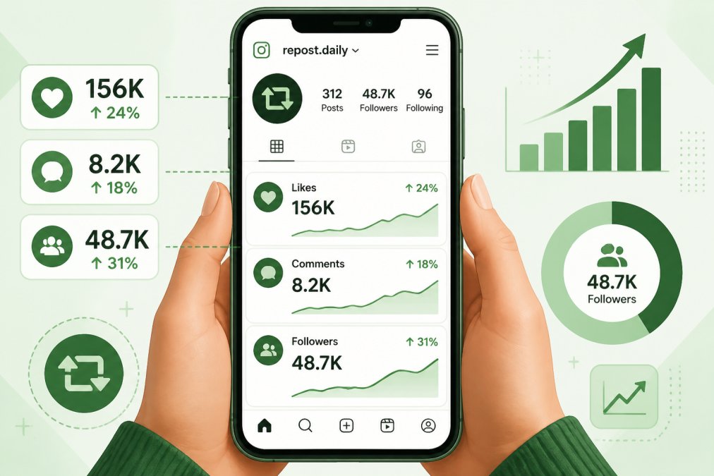 Hands holding a smartphone displaying an Instagram repost account dashboard with engagement metrics visible on screen, showing likes, comments, and follower growth