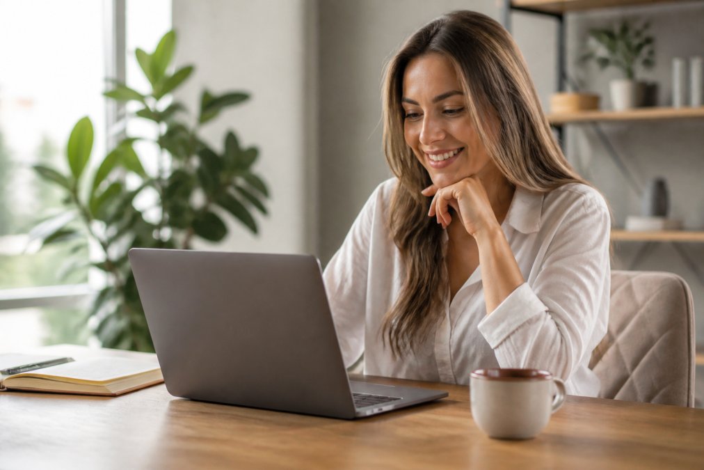Woman at desk reviewing analytics on laptop with coffee nearby, smiling while checking account performance and growth metrics