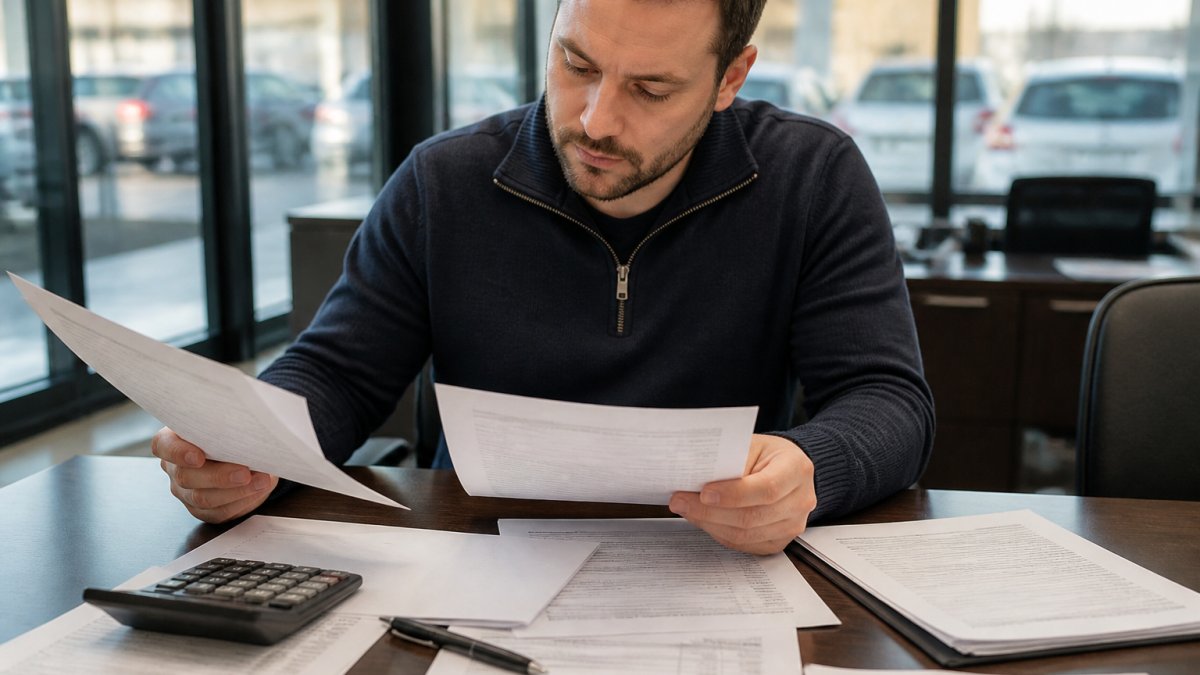 Person sitting at desk reviewing loan documents and comparing papers with a calculator and pen nearby