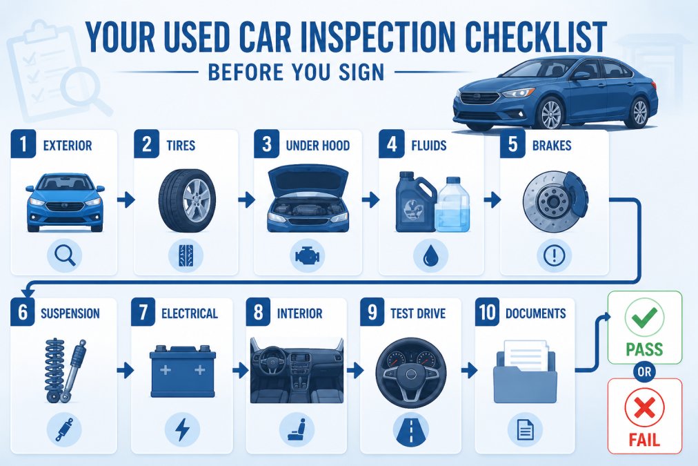 Flowchart of a 10-point used car inspection checklist moving from exterior and tires to fluids, brakes, electrical, and test drive, with a final pass or fail decision box