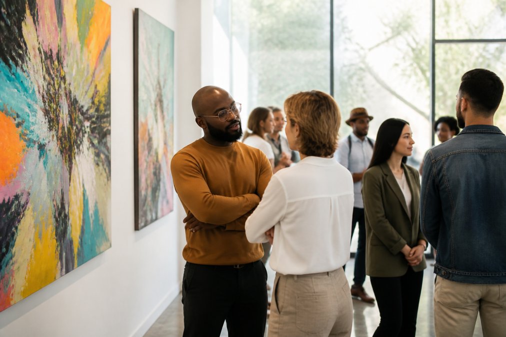 A diverse group of people viewing abstract paintings together in a bright gallery space, engaged in conversation and reflection, with natural light streaming through large windows