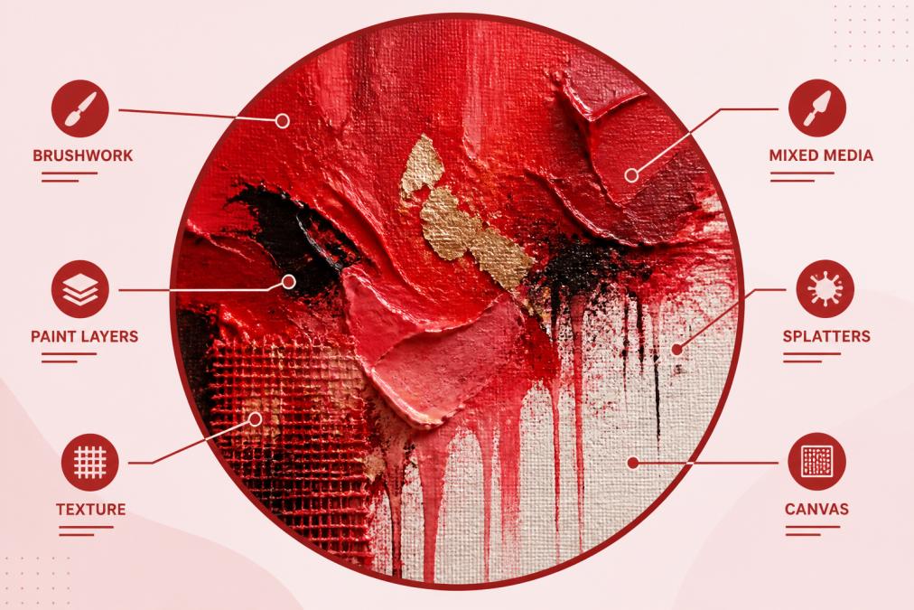 Close-up detail of an original abstract painting showing texture, brushwork, and mixed media elements on canvas with visible paint layers and artist's hand technique