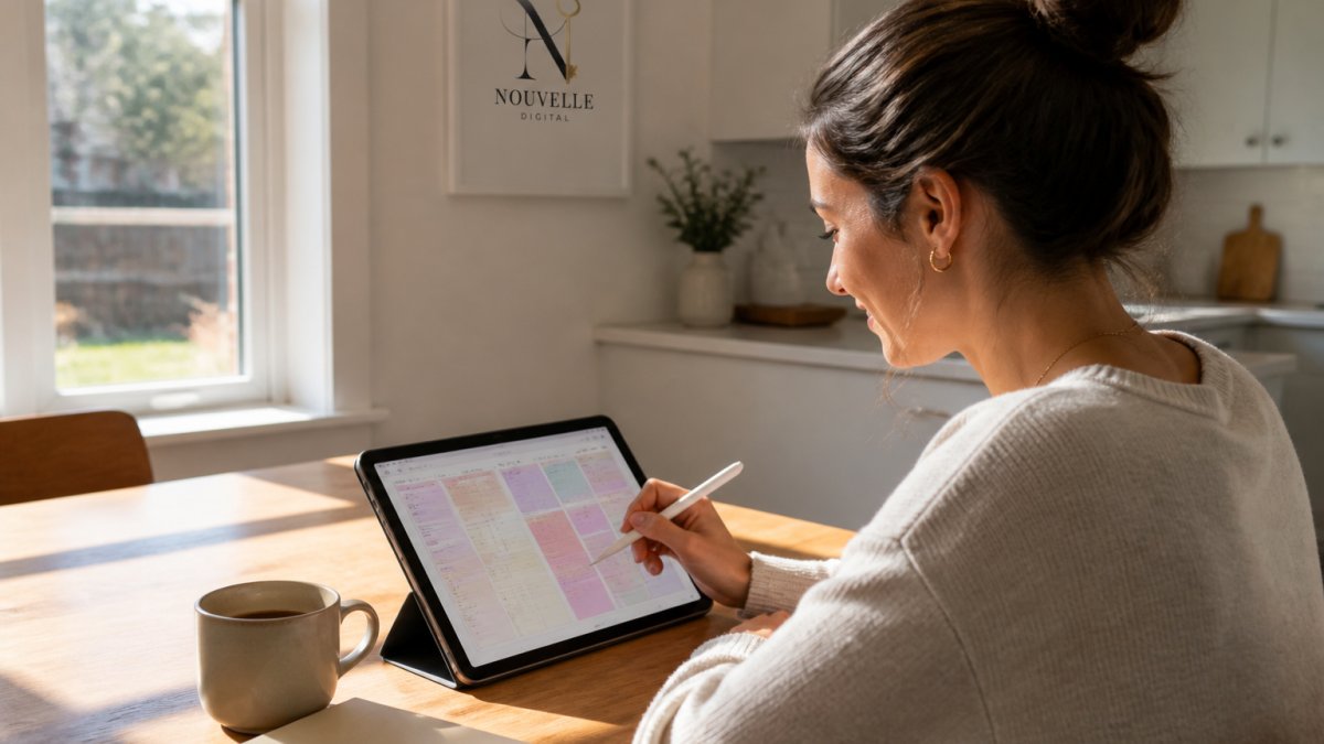 A woman in her thirties sitting at a kitchen table with an iPad displaying a colorful digital planner, a cup of coffee nearby, morning light coming through a window