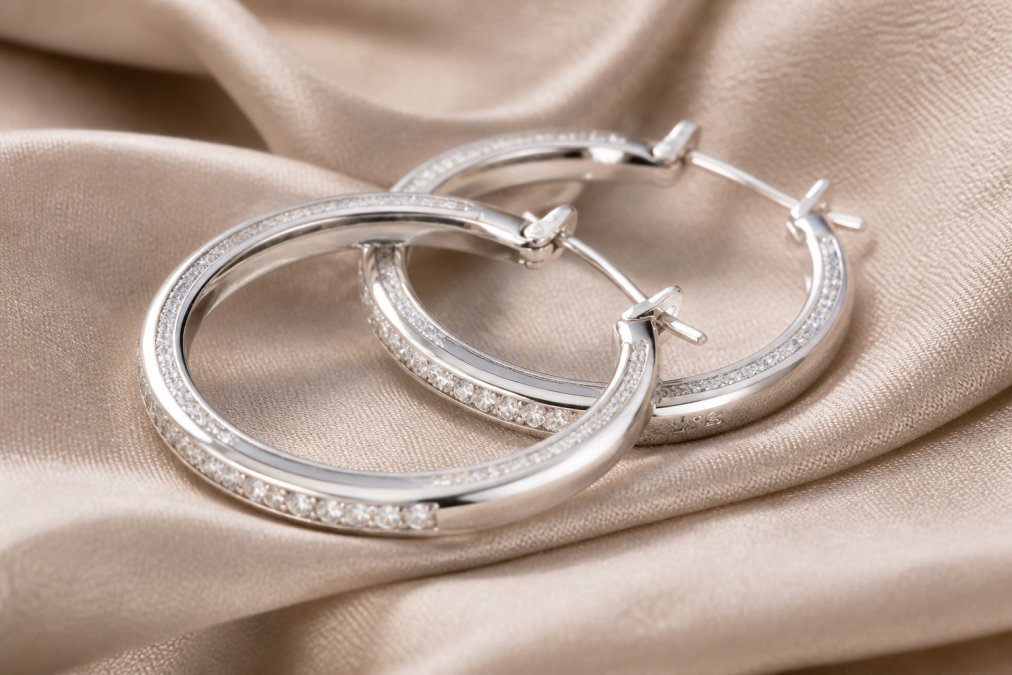 Close-up of sterling silver ring set with zircon crystals arranged on soft fabric, light reflecting off the stones, showing the 925 hallmark detail