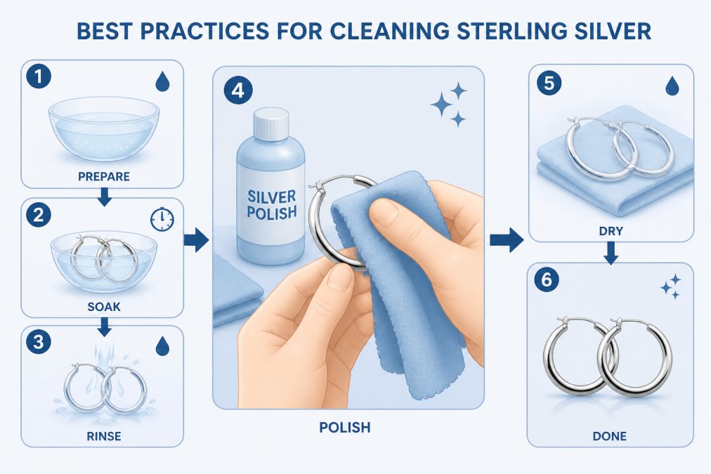 Hands gently polishing a sterling silver necklace with a soft microfiber cloth, showing the care process with warm lighting and a polishing solution visible