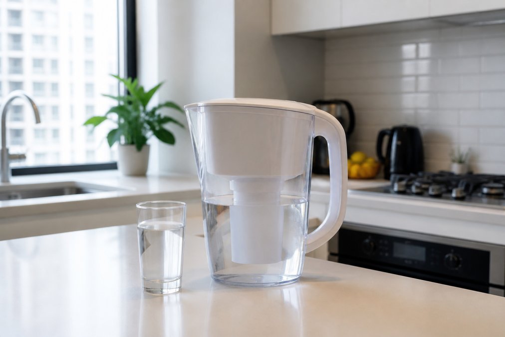 A compact white water filter jug sitting on a kitchen counter next to a glass of clear water, with a bright modern kitchen in the background