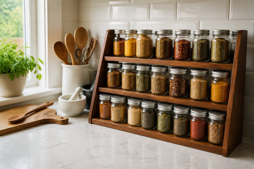 Neatly organized kitchen spice rack with labeled glass jars of various spices and herb blends, positioned on a wooden shelf away from a stovetop, warm natural light from a nearby window illuminating the jars, clean white countertop and subway tile backsplash in the background