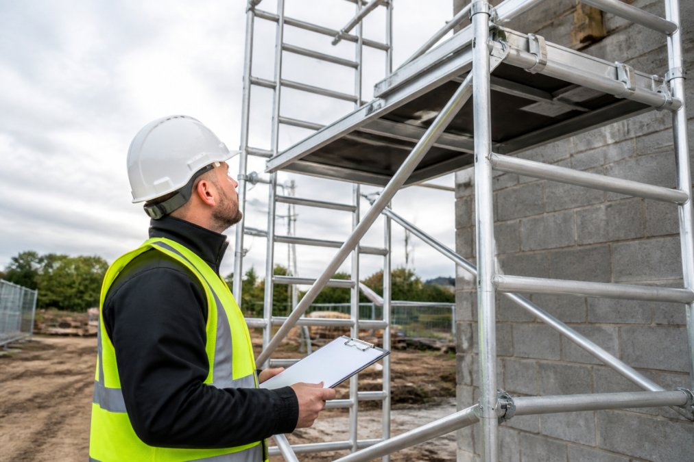 A site supervisor in a hi-vis vest and hard hat inspecting the brace and platform of a silver aluminium scaffold tower on a building site, clipboard in hand, overcast daylight