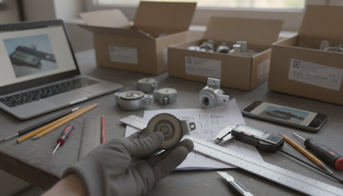Close-up of hands using a metal measuring tape and digital caliper to measure a window roller diameter against a straightedge ruler on a work surface
