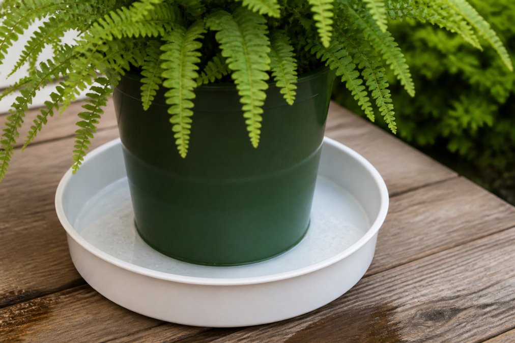 Sturdy white polypropylene plant saucer holding a potted fern on a wooden deck with water droplets