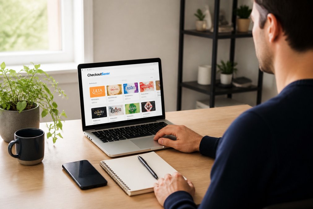 Person sitting at desk with laptop open to a coupon marketplace platform, reviewing listings with a notepad and smartphone nearby in natural office lighting