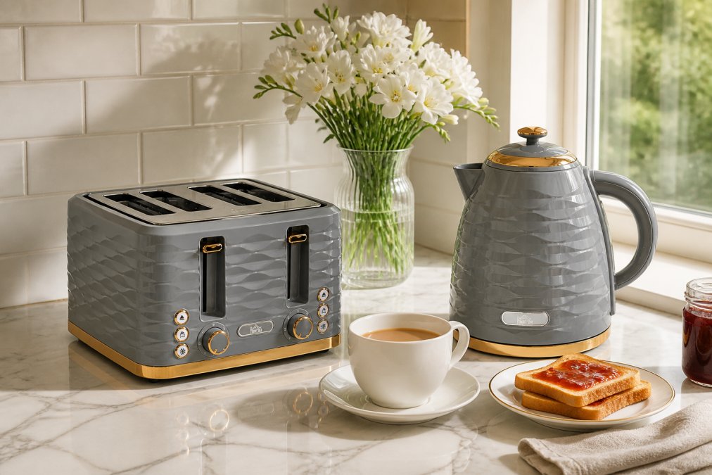 Modern kitchen countertop with coordinated HOMCOM kettle and toaster set in cream finish positioned next to fresh flowers and a morning coffee setup, natural window lighting illuminating the stainless steel surfaces
