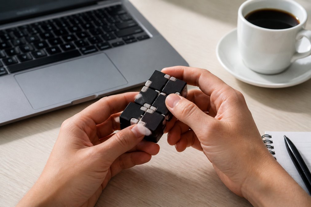 Close-up of hands manipulating an articulated infinity cube on a clean desk with a laptop and coffee cup nearby, showing smooth articulating motion in natural office lighting