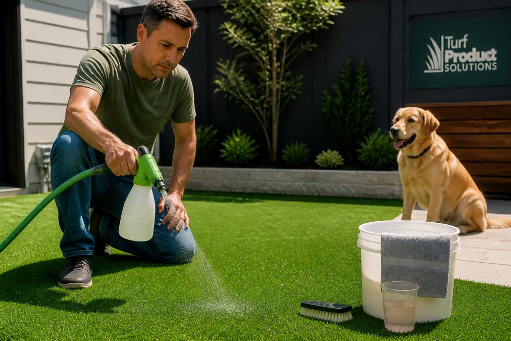 Homeowner applying a turf cleaning solution with a hose sprayer to remove pet odors from an artificial lawn