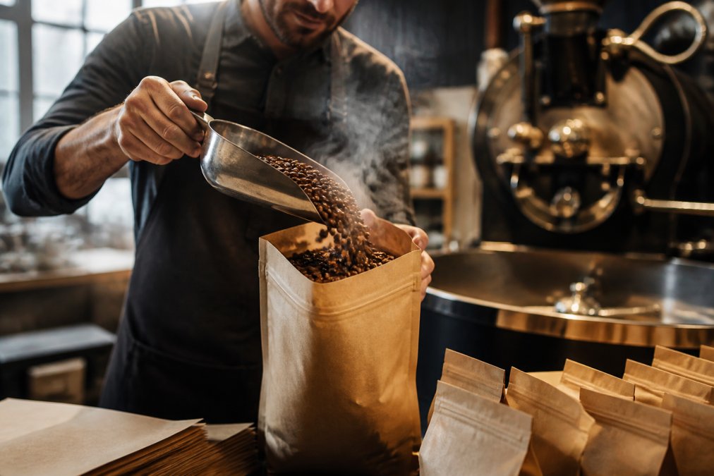 Close-up of freshly roasted coffee beans being poured into a kraft paper bag with steam rising, roastery equipment visible in the background, warm overhead lighting