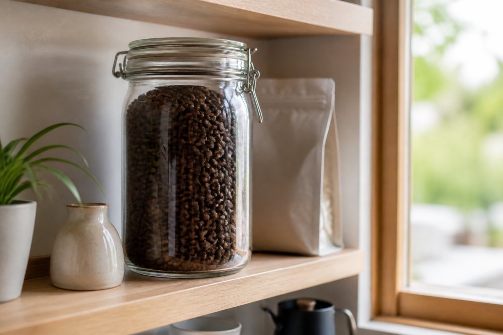 Glass airtight container filled with whole coffee beans on a kitchen shelf, roast date label clearly visible on the container, natural daylight streaming through a nearby window, neutral kitchen background