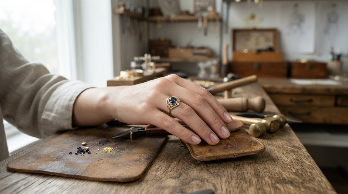 Close-up of a woman's hand wearing an elegant artisan-crafted fine jewelry piece with natural light highlighting the gemstone and precious metal detailing
