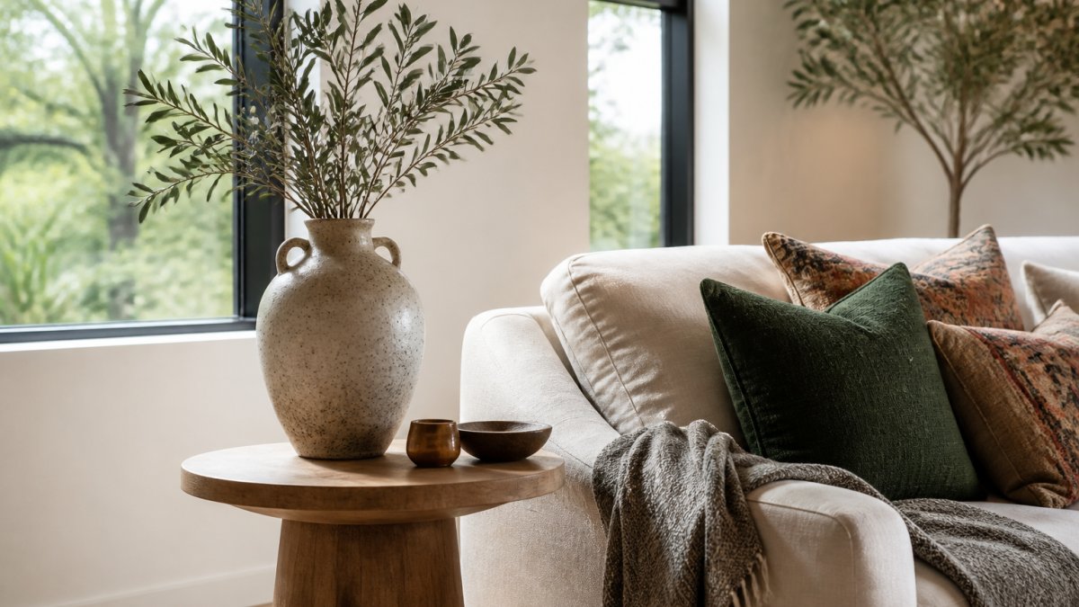 A bright living room corner with a handcrafted ceramic vase on a wooden side table, layered textiles on a sofa, and natural light coming through a window