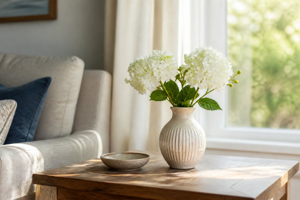 A bright living room corner with a handmade porcelain vase holding a single bouquet on a wooden side table, soft natural light casting gentle shadows