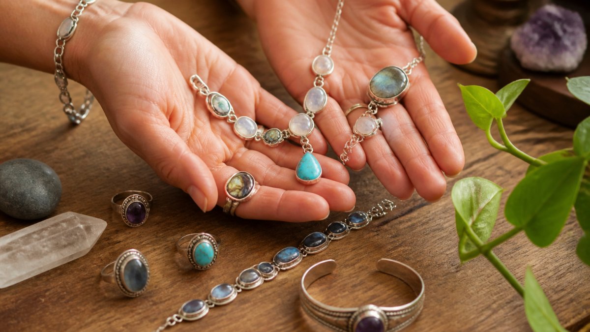 Close-up of hands displaying artisan jewelry pieces including necklaces, bracelets, and rings with natural gemstones and sterling silver catching natural light on a wooden surface