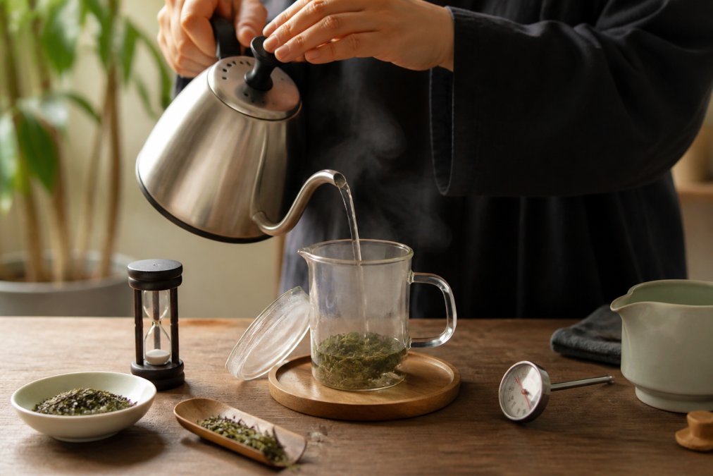 Hands pouring hot water from a gooseneck kettle into a glass infuser filled with full-leaf green tea, steam rising visibly, with a timer, thermometer, and brewing accessories arranged on a wooden surface nearby