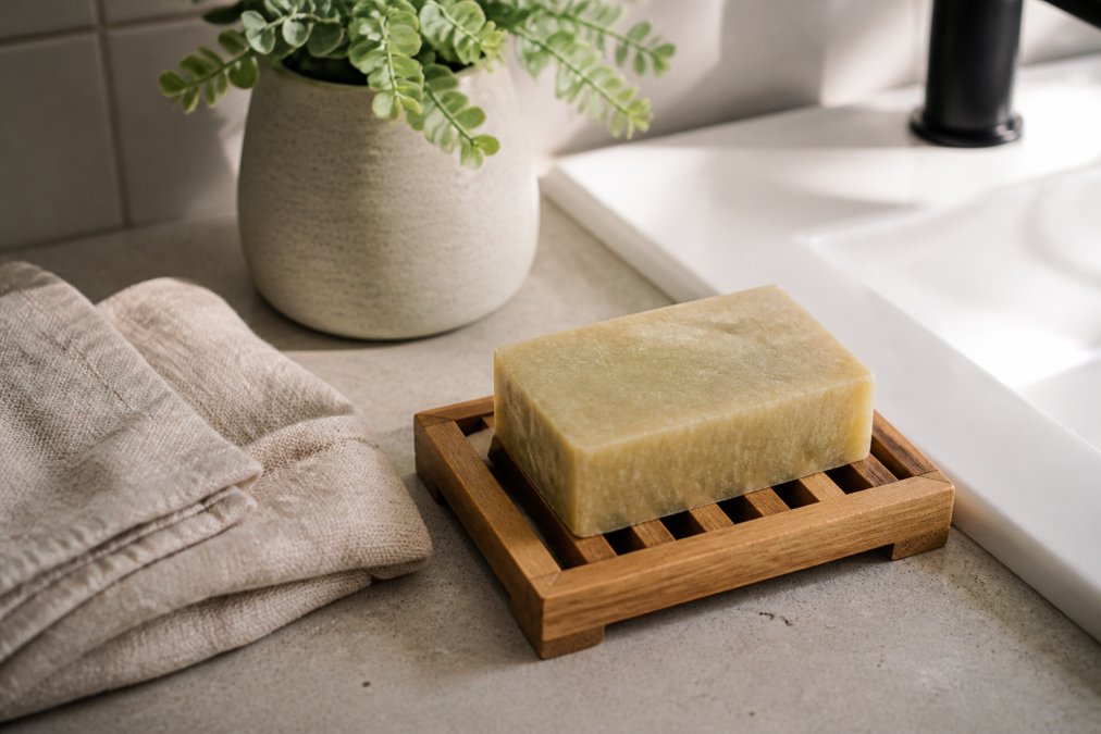 A wooden slatted soap dish holding a handmade olive oil soap bar on a bathroom counter, with a folded linen towel and a small potted plant nearby in soft natural light