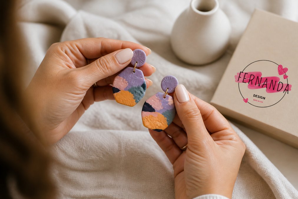 Woman’s hands holding colorful artisan polymer clay earrings with organic shapes and textured details