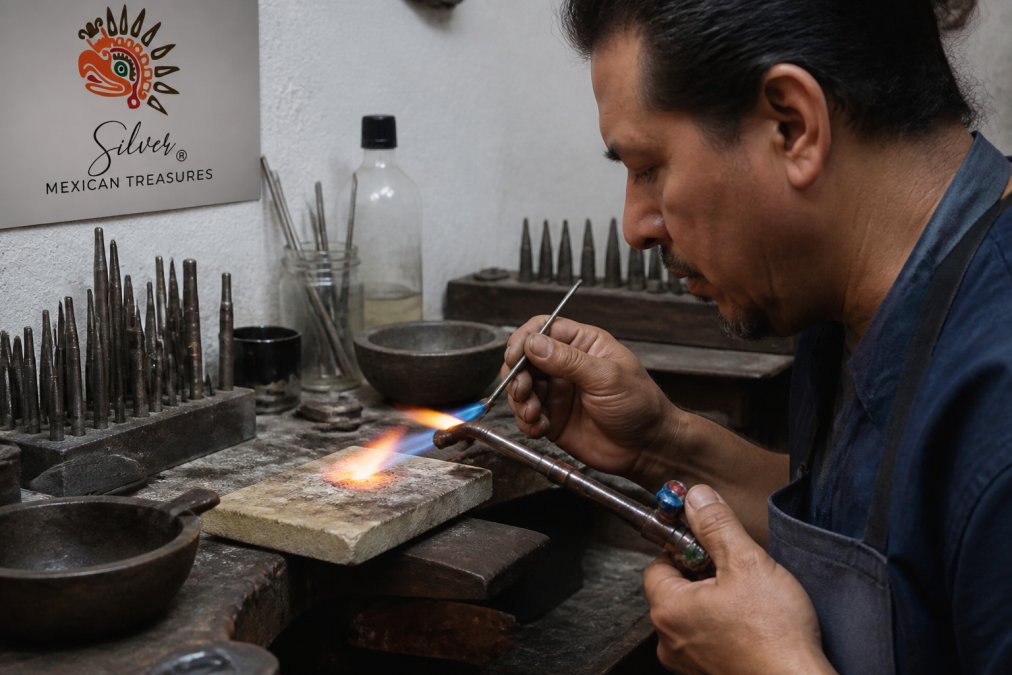 Close-up of a skilled artisan's hands shaping molten sterling silver with specialized metalworking tools in a traditional workshop, showing the detailed craftsmanship and concentration involved in handmade jewelry creation