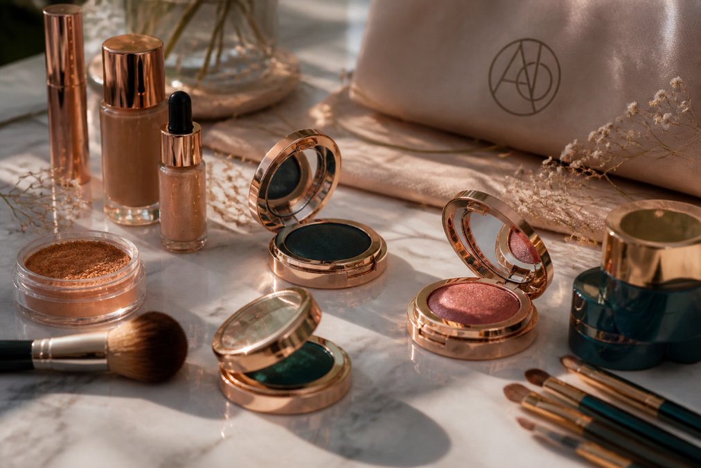 Close-up of artisanal makeup products arranged on a marble surface with natural lighting, showcasing elegant packaging and pigment-rich colors in rose gold and emerald tones